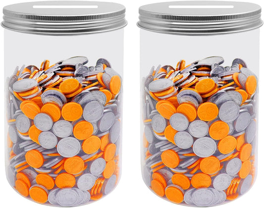 Large Coin Bank Jar 2-Pack, Big Clear Plastic Coin Money Tip Change Saving Piggy Jar with Silver Slotted Lid, Large Plastic Coins Piggy Money Change Clear Bank for Adults Teens Kids, XL