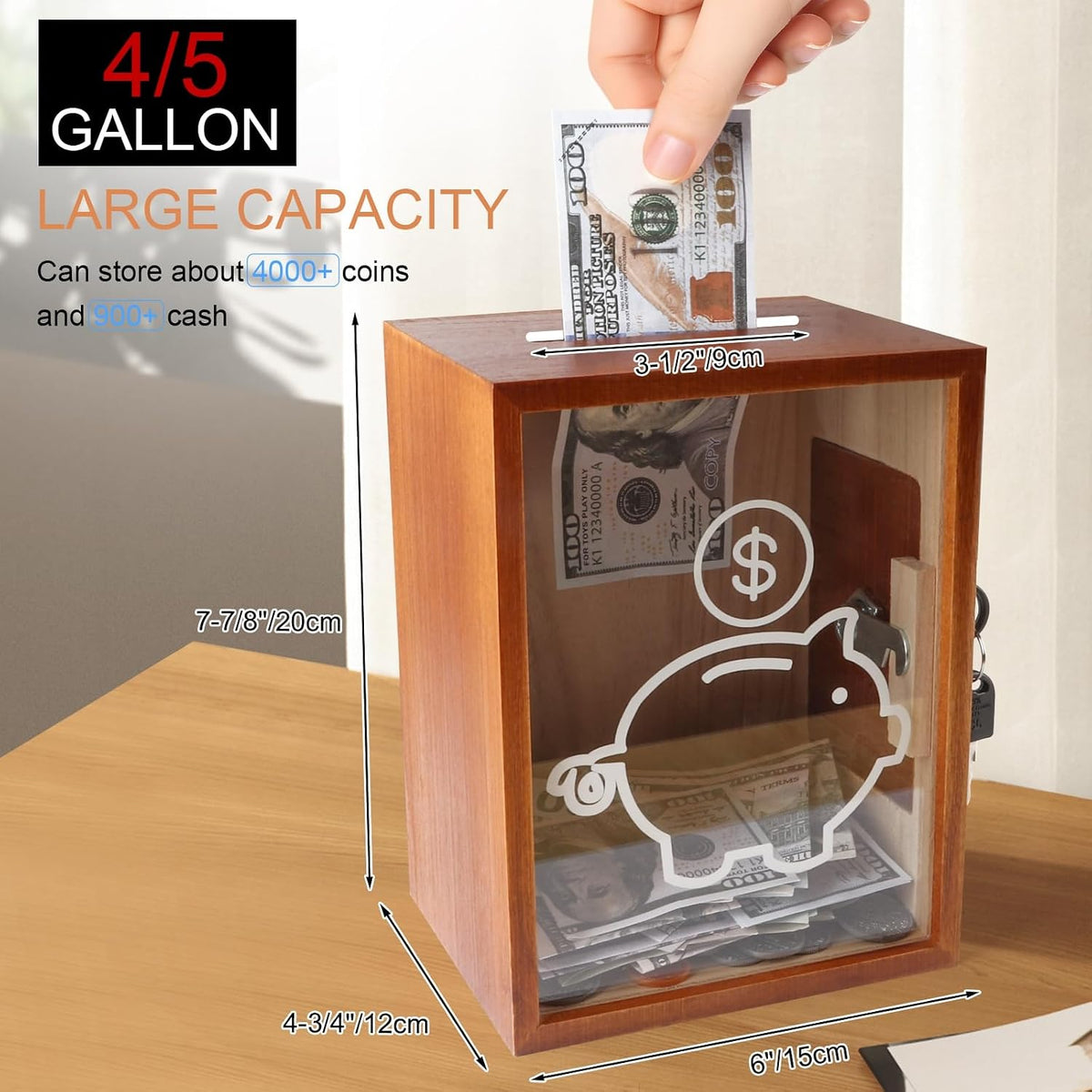 Clear Piggy Bank with Lock, Large Money Saving Jar Money Bank Box Container for Cash Saving, Openable Clear Money Coin Change Bank Jar Container Penny Piggy Jar Bank for Adults Kids, Brown