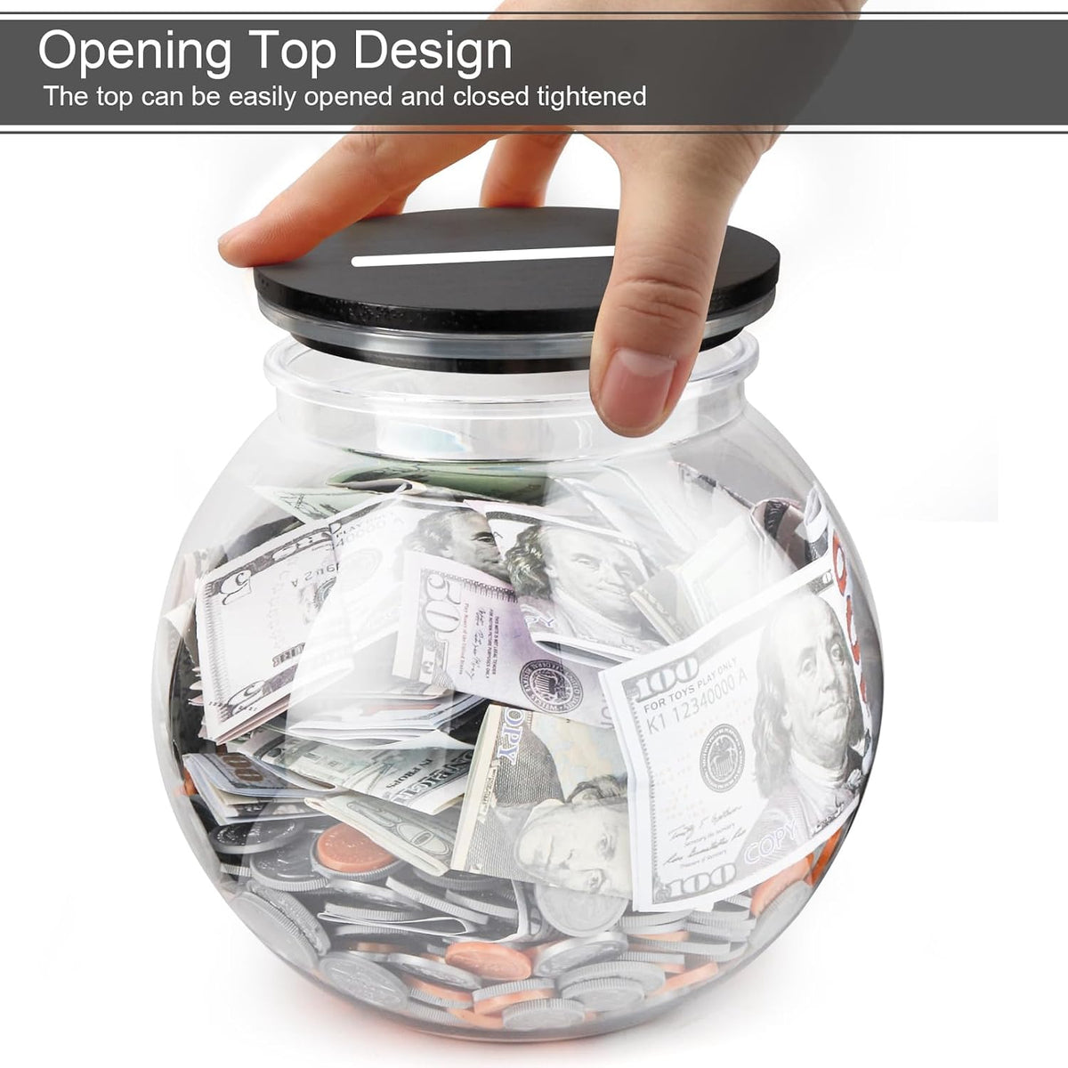 Yamahiko Large Clear Coin Bank Jar with Slotted Lid, 3/4 Gallon Plastic Money Tip Change Savings Coin Jar for Coin or Raffle Ticket, Big Money Coin Tip Piggy Change Bank Box for Adults Teens, Black