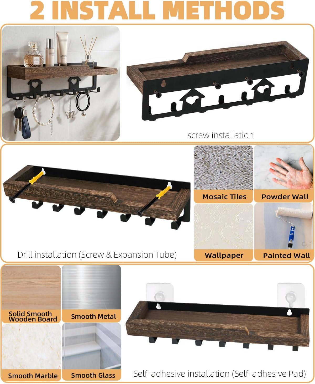 lucdnc Key Holder for Wall Mounted with Tray, 7 Hooks & Wood Shelf