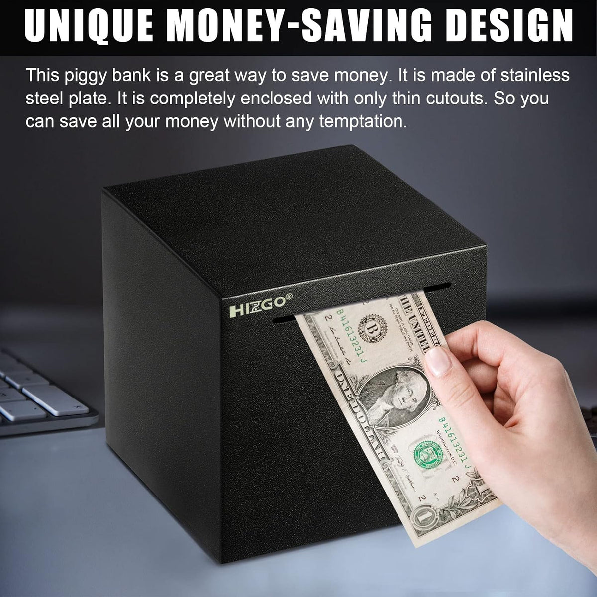 hizgo Adults Piggy Bank, Stainless Steel Bank Must Break Open, Black 4.72"