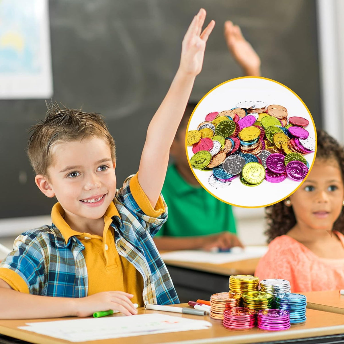 I was Caught Being Good Coins Tokens-100 Pcs, Colorful Plastic Reward Incentive Behavior Pretend Play Coins with Reward Jar, Reward Plastic Play Incentive Tokens for Kids Behavior