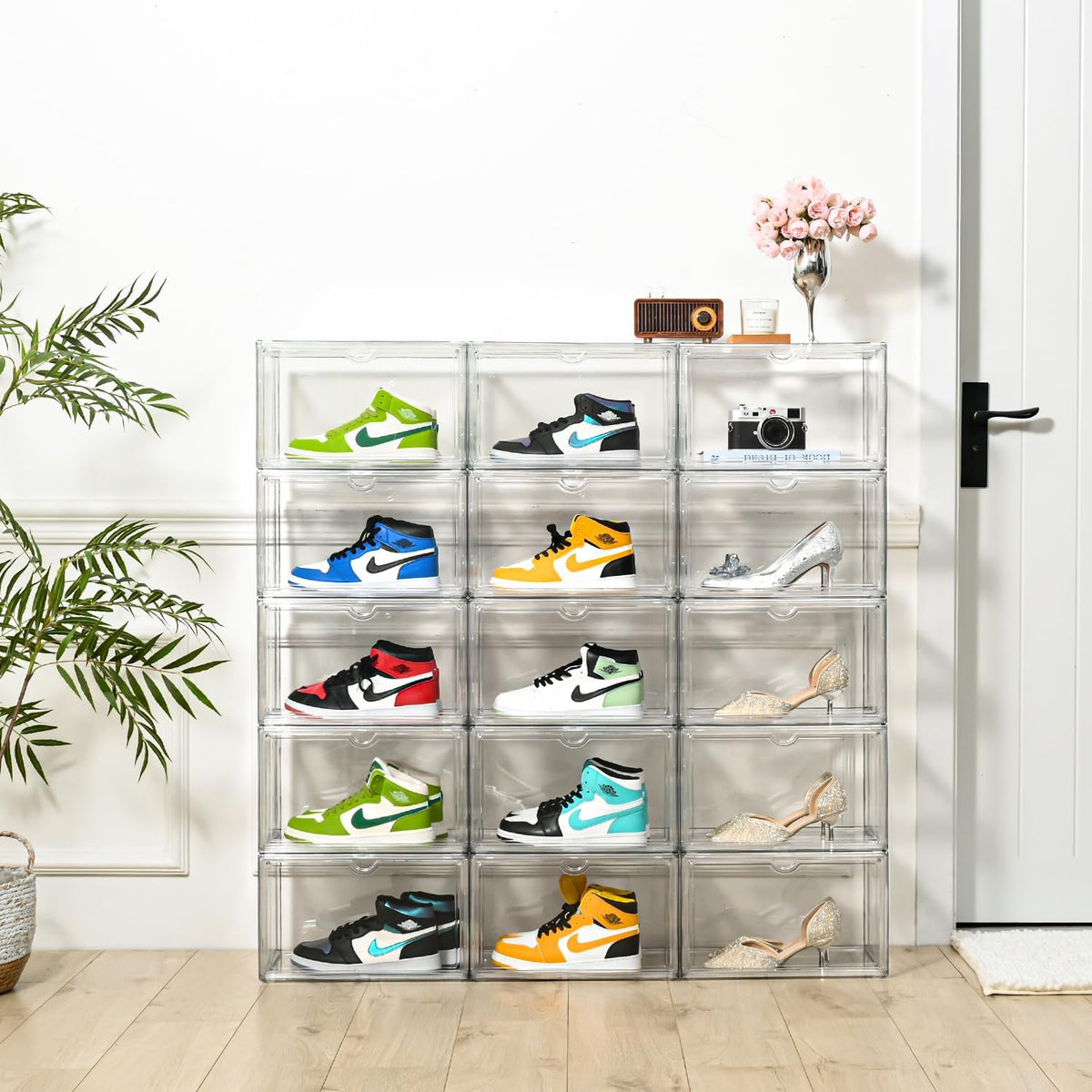 Clear Shoe Organizer,Stackable Shoe Display Case,Shoe Box Storage Bins with Magnetic Door,Fit Shoe Size Up to US 14 (X-Large-1Pack)