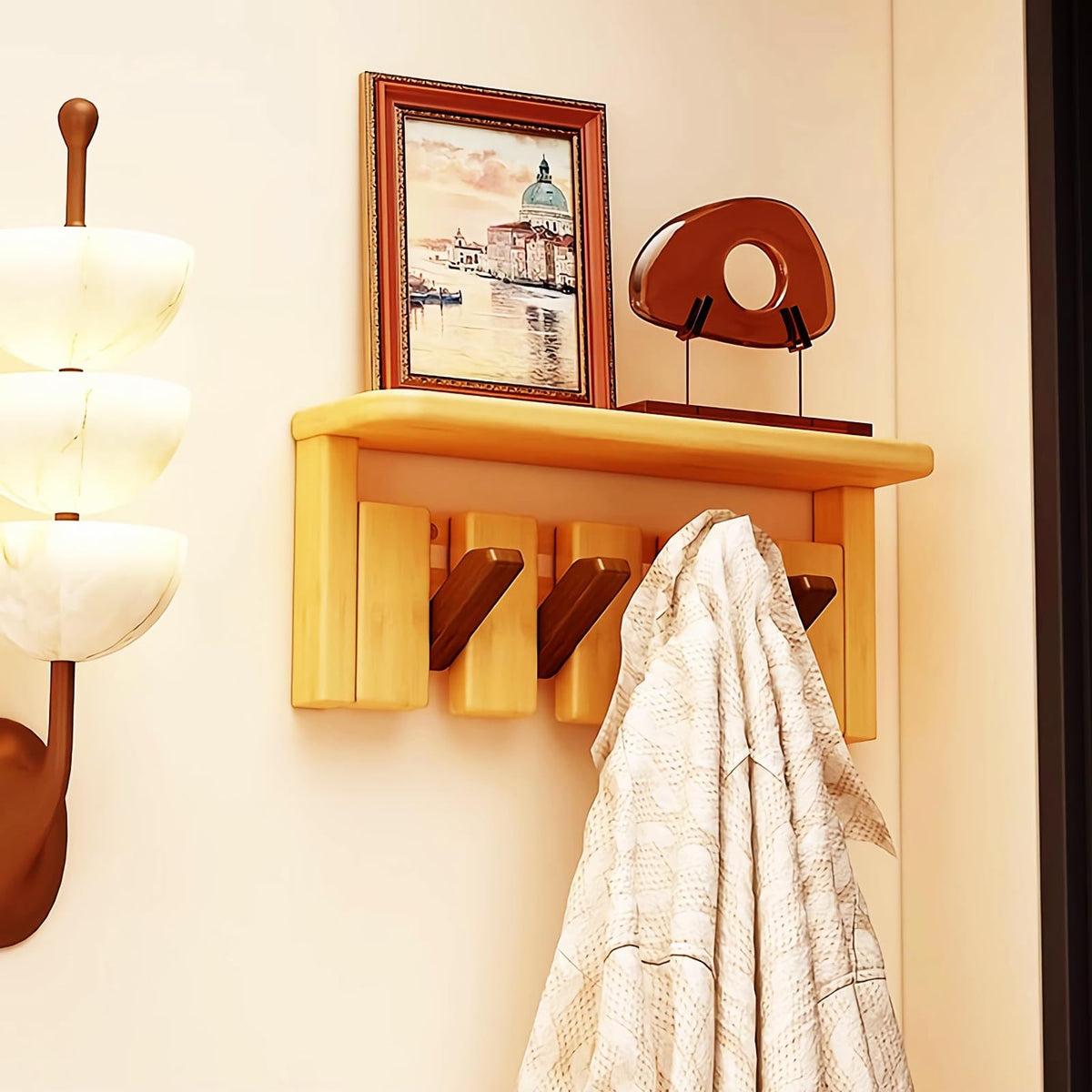Paint Wood Wall Mounted Coat RackHooks Piano Key Hangers Natural Solid Wood Hanger Non-Woven Fabric Clothes Hangers for Closet, Kitchen, Bedroom, Bathroom, Entryway (Walnut-Beech, 8 Hooks)