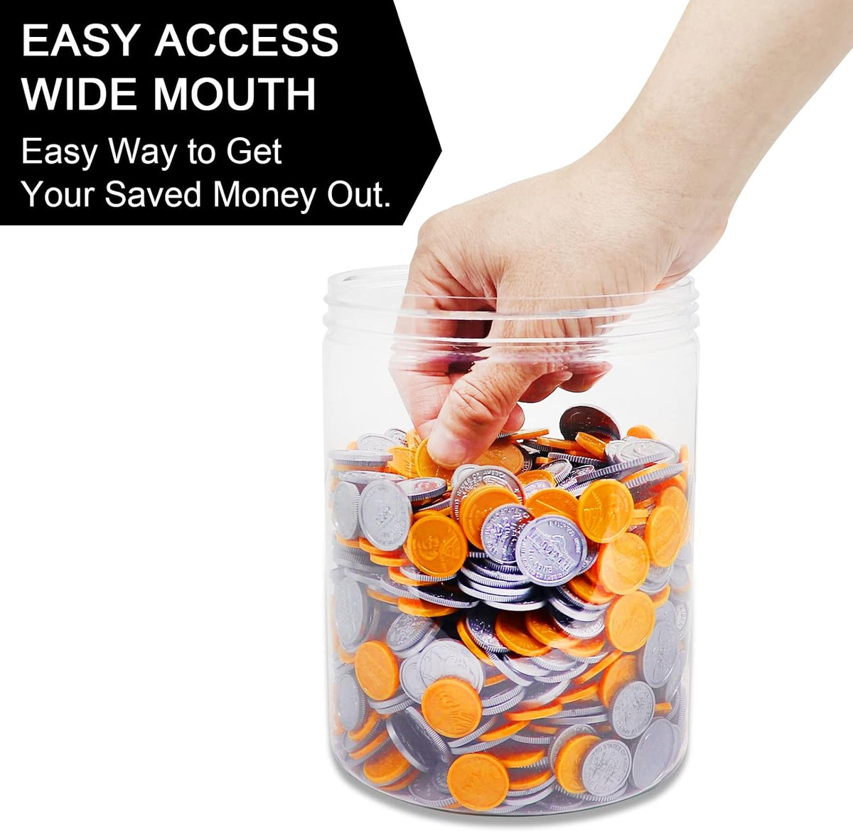Large Coin Bank Jar, Big Clear Plastic Coin Money Tip Change Saving Piggy Jar with Silver Slotted Lid, Large Plastic Coins Piggy Money Change Clear Bank for Adults Teens Kids Girls Boys