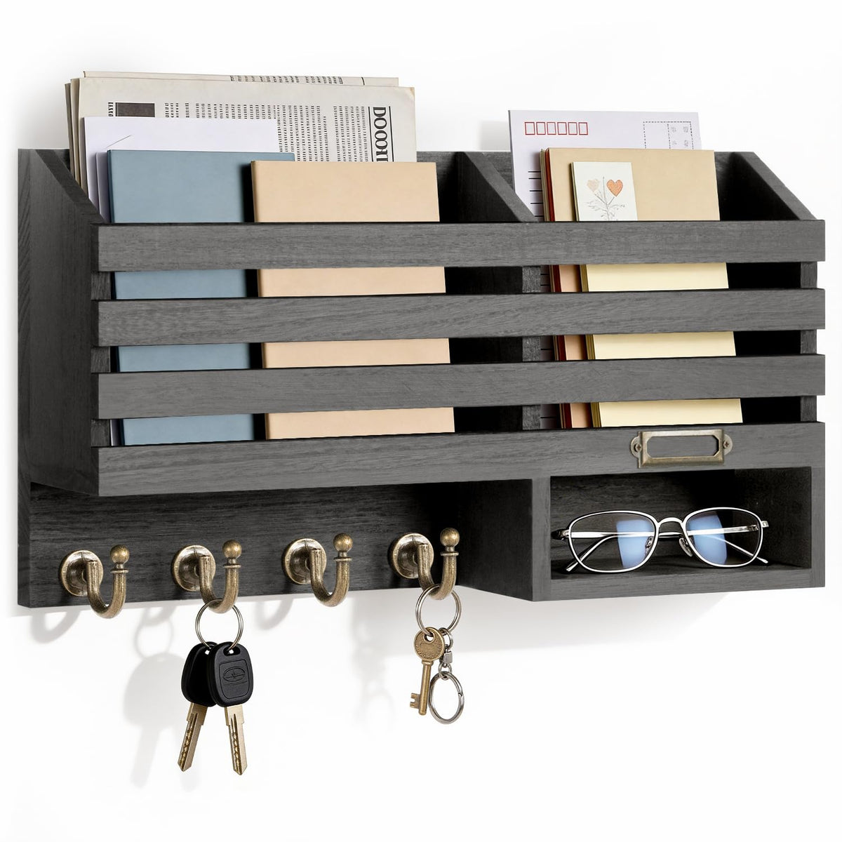 FifthQuarter Key Holder Wall Mount with Drawer and 6 Sturdy Hooks, A-Black