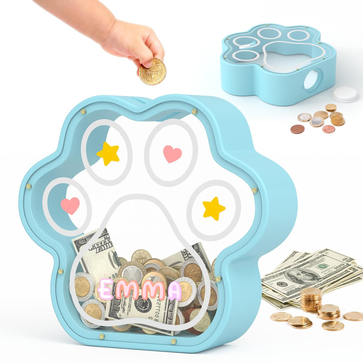 KMC Wooden Piggy Bank for Kids, Natural Cat Dog Paw Coin Bank with Stickers