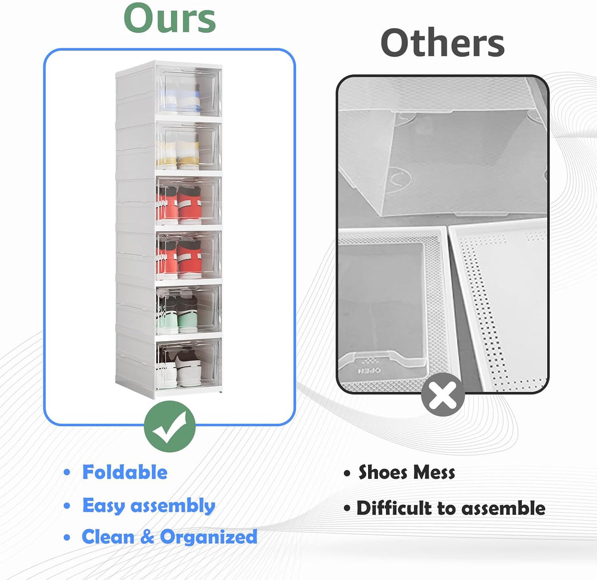 Shoe Storage Organizer Box 6-Tier Foldable Collapsible Stackable Shoe Rack Bins, Fit Size 12, No Assembly, for Men and Women