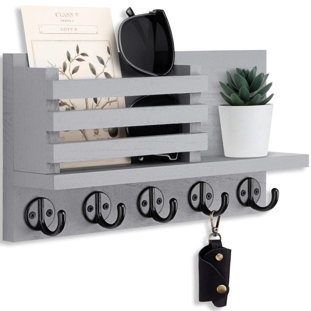 Lwenki Key Holder for Wall – Decorative Wooden Mail Holder and Key Shelf with Mounting Hardware, Installation Guide – Paulownia Wood with Metal Key Hooks (Brown, Large - 11.8inch)