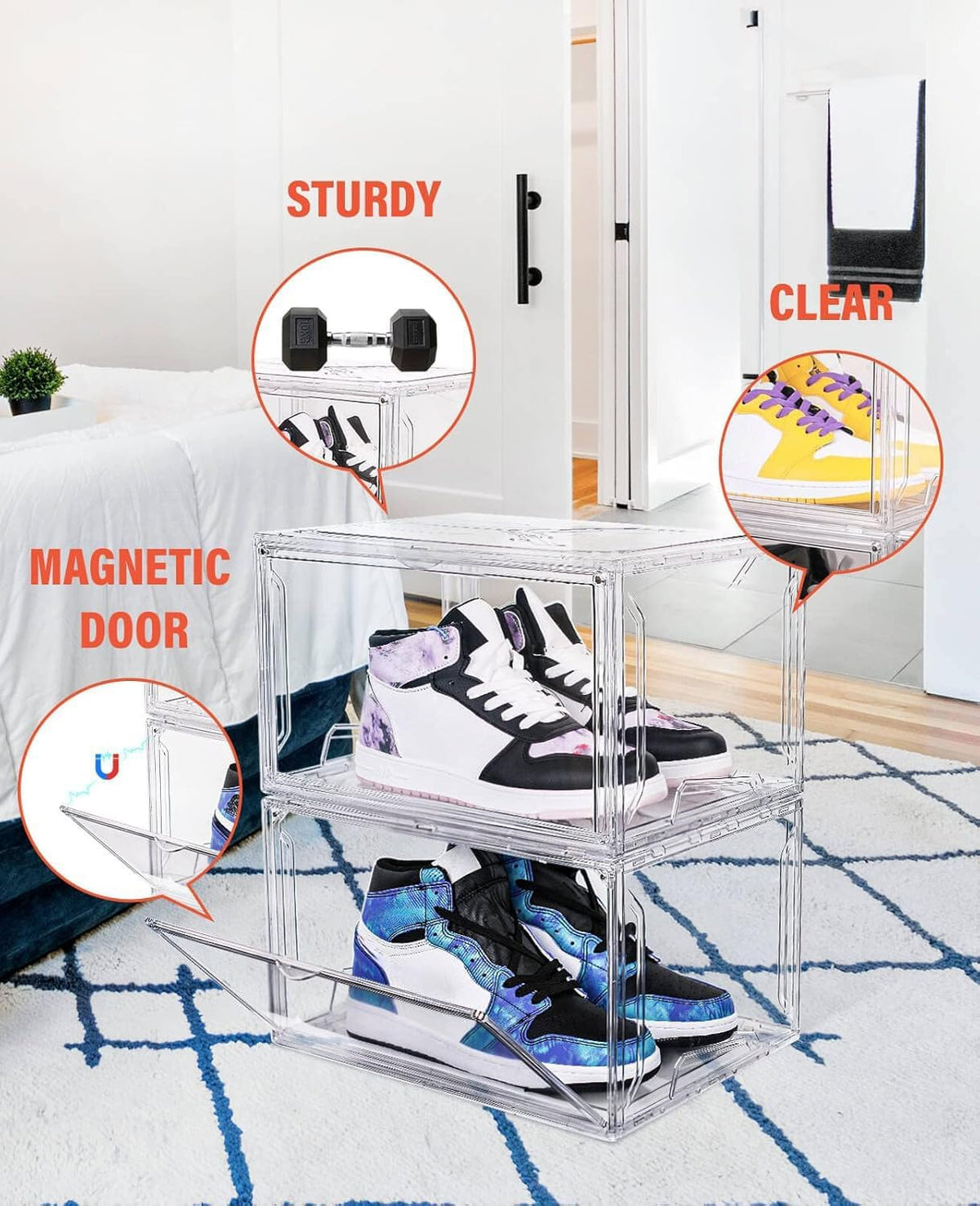 KDOR Clear Plastic Shoe box Organizer, 3 Pack Stackable Sneaker Boxes, Transparent Display Case with Magnetic lid, Tidy Home & Office Closet Storage