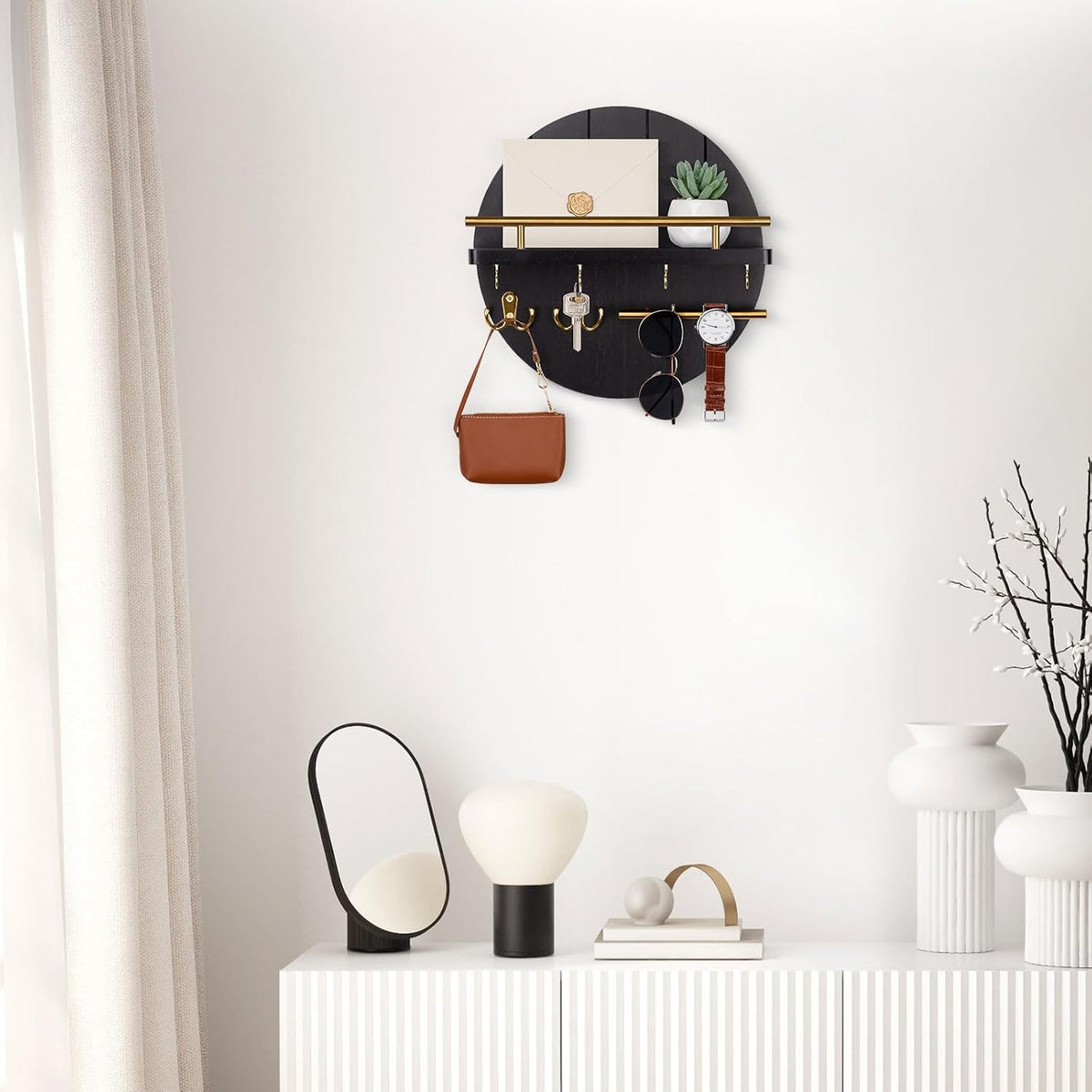 Nekon Key Holder Wall Mount, 11.8” Wood Mail Organizer for Wall, Black