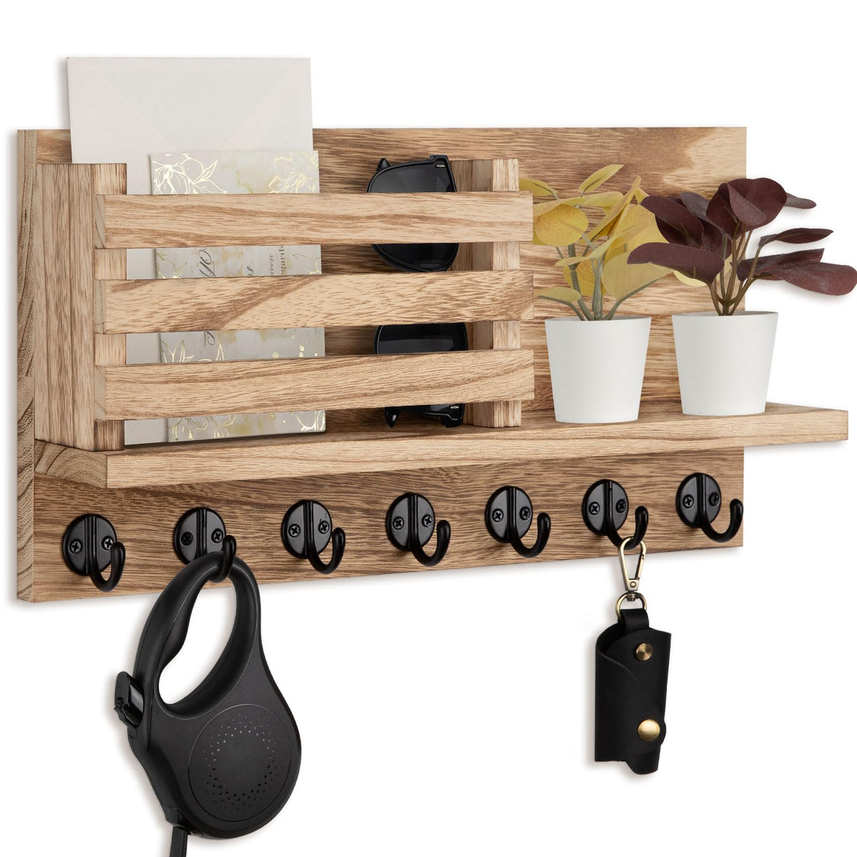 Lwenki Key Holder for Wall – Decorative Wooden Mail Holder and Key Shelf with Mounting Hardware, Installation Guide – Paulownia Wood with Metal Key Hooks (Brown, Large - 11.8inch)