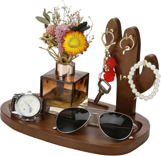 Key Tray for Entryway Table, Acacia Wooden Key Holder Stand with 4 Hooks and Storage Tray, Cactus-Shaped Organizer, Decorative Catchall for Glasses, Watch, Perfume, Jewelry