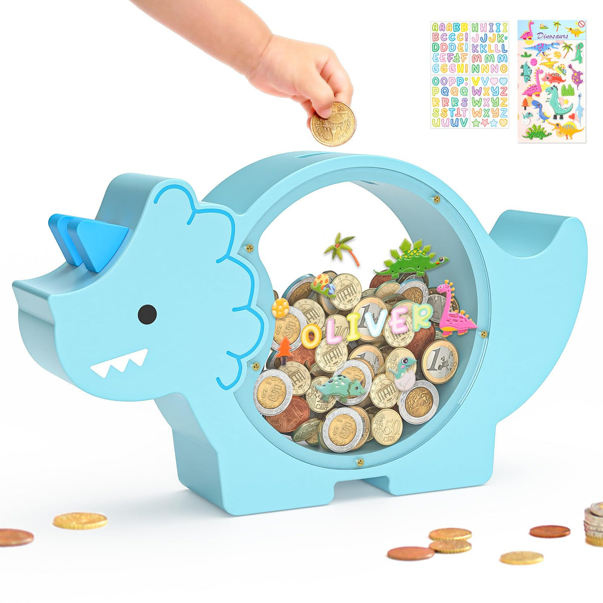 Summidate Wooden Dinosaur Piggy Bank, Large Clear Money Bank for Kids Boys