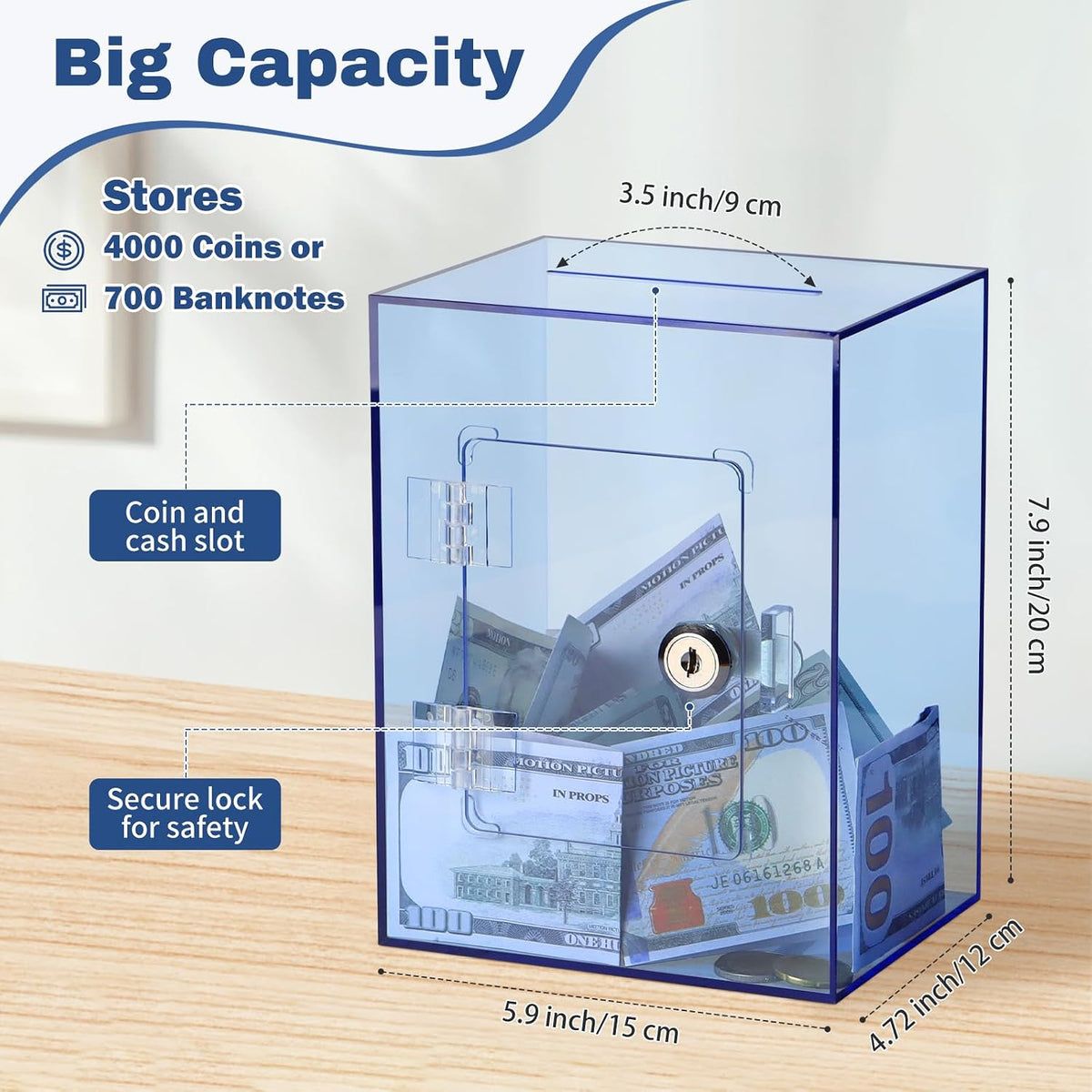 Imeepa Clear Acrylic Piggy Bank with Lock & Key, Money Box - Blue