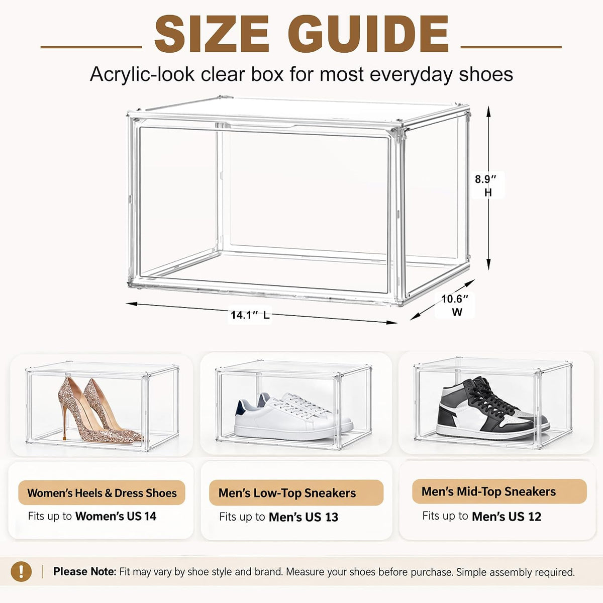 Heavy Duty Acrylic-Look Shoe Box, Size 13, Stack Everyday Footwear Storage