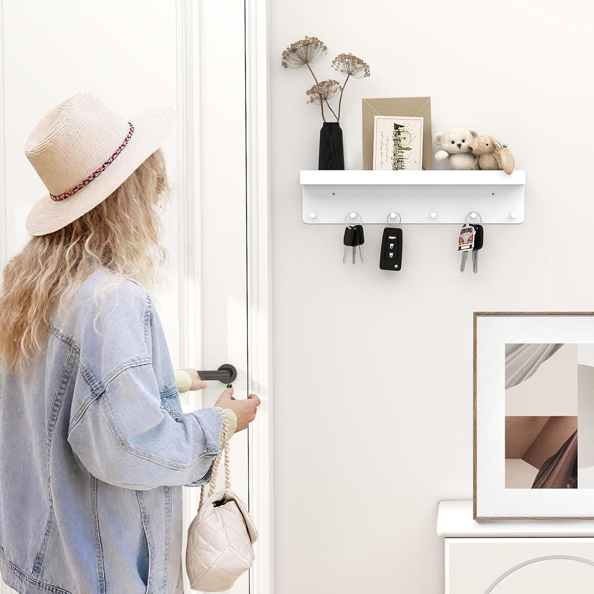 MKO Key Holder Wall Mount, Adhesive Key Hanger with 6 Hooks for Wall, White