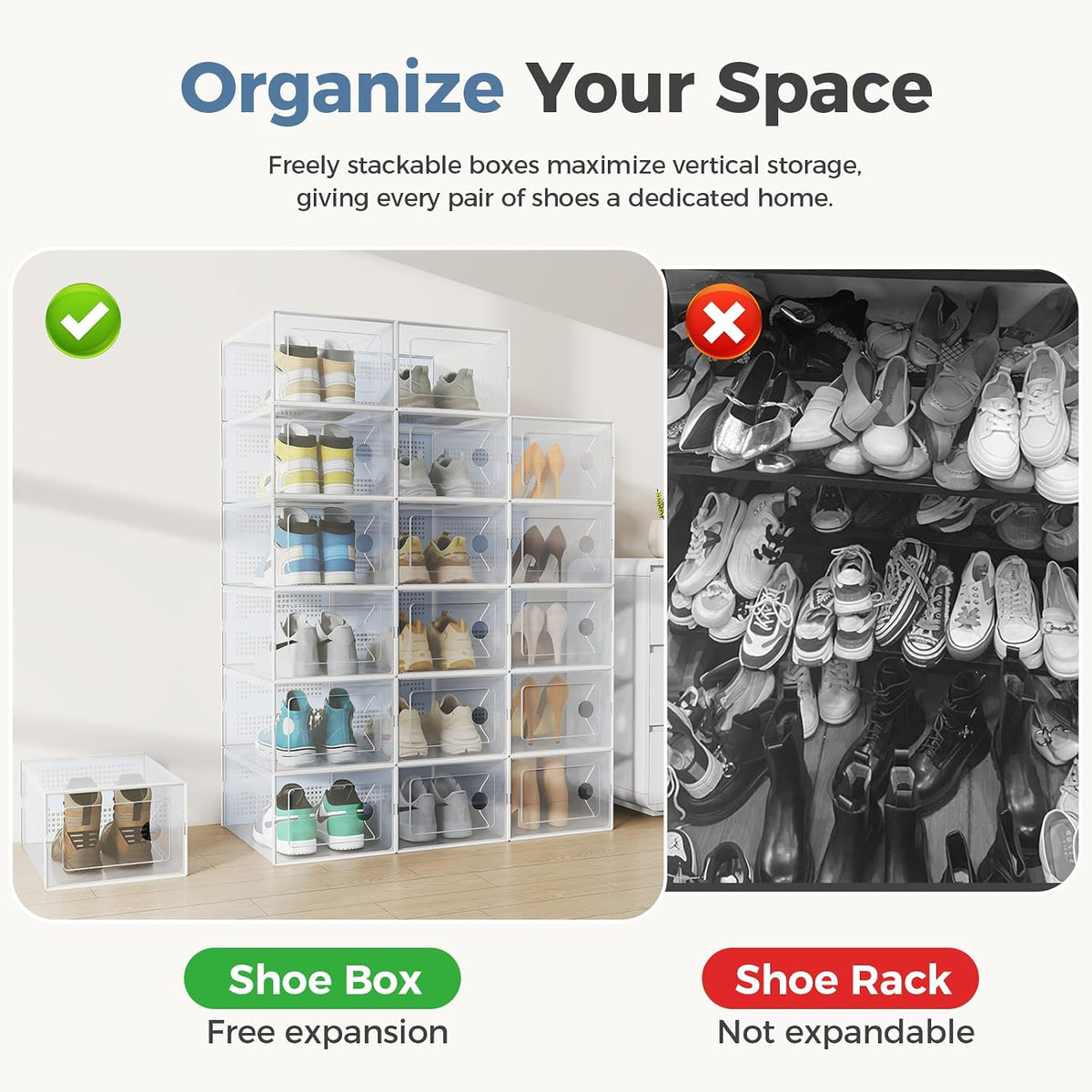 OLIXIS X-Large Shoe Storage Boxes, 12-Pack Clear Stackable Shoe Organizers with Lids, Sneaker Display and Storage Containers for Closet, Under Bed, Entryway, White