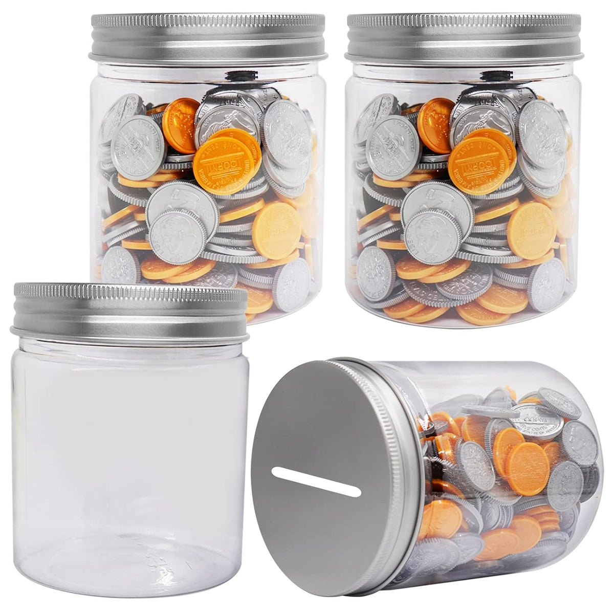 Small Coin Bank Jars 4-Pack, 16oz Clear Plastic Coin Money Tip Coin Jars with Silver Slotted Lids, Small Transparent Plastic Coin Money Piggy Banks Jars for Adults Teens Kids Girls Boy, Silver