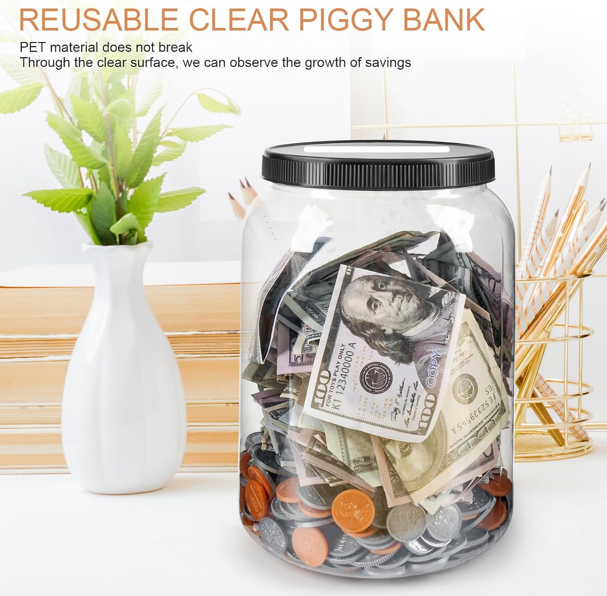 2 Pack Clear Large Piggy Bank with Slotted Lid, 4/5 Gallon Plastic Money Saving Jar Bank Box Container for Cash Saving, Money Coin Change Bank Penny Piggy Jar Bank for Adults Kids