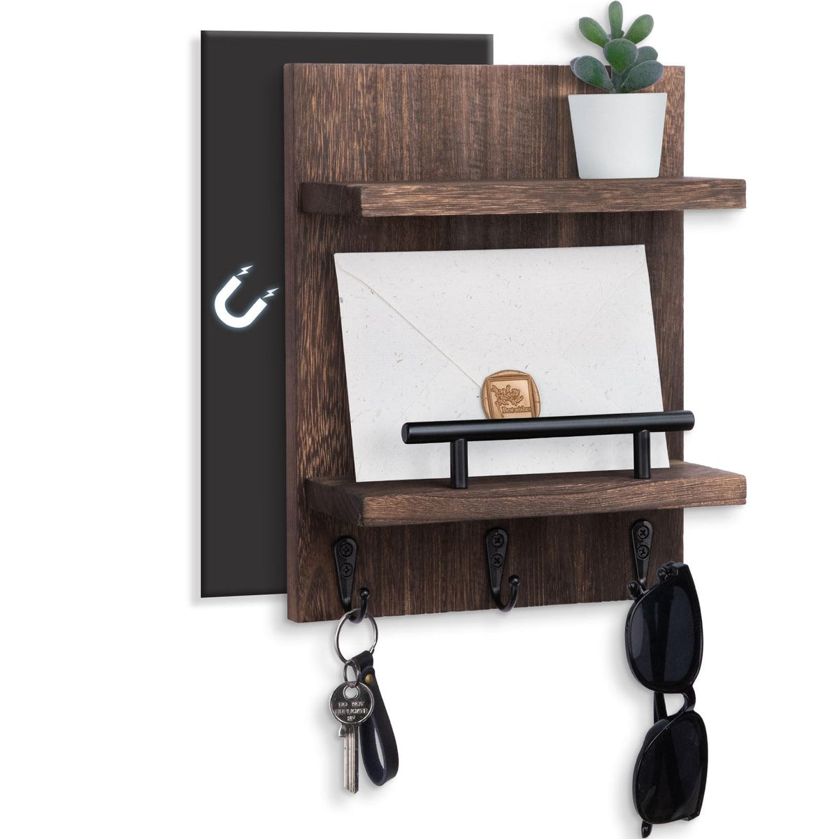 Magnetic Key Holder Wall Mount, Mail Shelf Decor with 3 Key Hooks