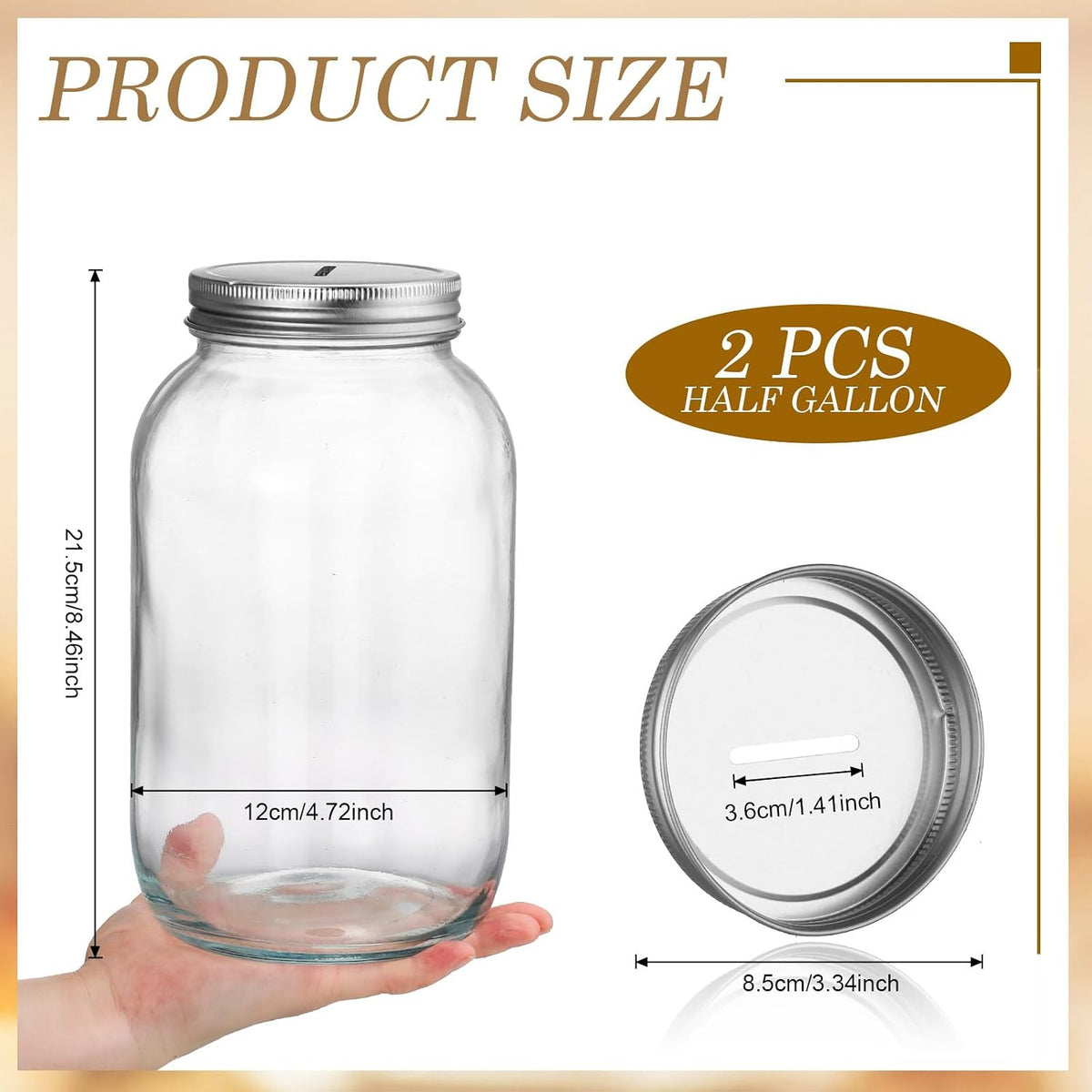Skylety 2 Pack Large Clear Glass Coin Bank with Slotted Silver Lid - Adults Money Saving Tip Jar for Kids Raffle Ticket Drawing Fund Box