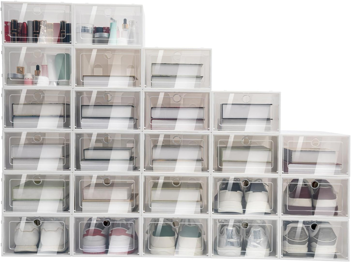 24 PCS Shoe Boxes, Premium Clear Plastic Stackable, 13 x 9.1 x 5.5 Inch Shoe Organizer for Bedroom, Living Room