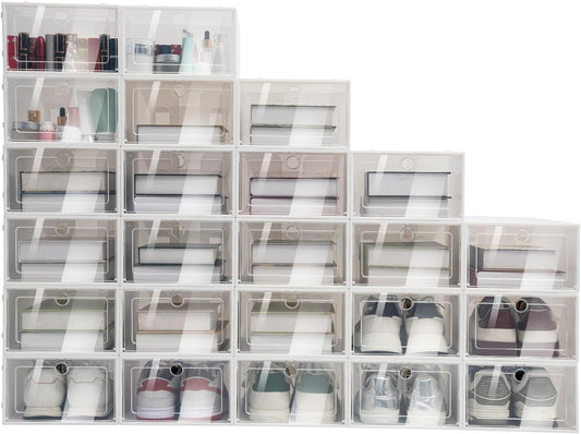 24 Pack Shoe Storage Boxes Stackable Clear Plastic Sneaker Box, Plastic Foldable Shoe Rack Organizer Box Multi Storage Container Transparent