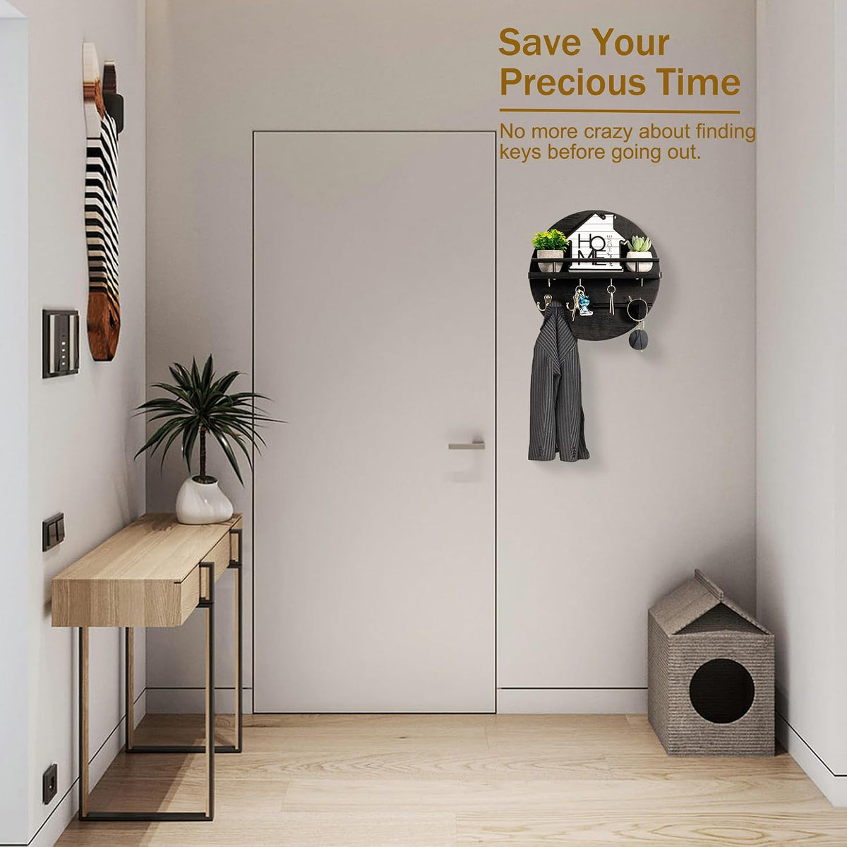Key Holder Wall Mount with Shelf and Hooks, Mail Organizer for Wall, Black