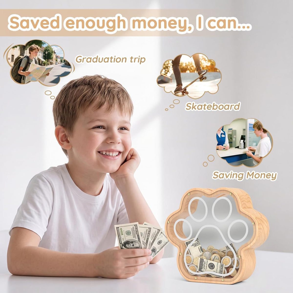 KMC Wooden Piggy Bank for Kids, Natural Cat Dog Paw Coin Bank with Stickers