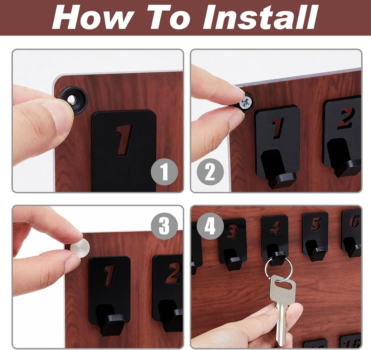 Beeveer Acrylic Key Holder Board with 30 Hooks, Wall Mount Organizer,Walnut