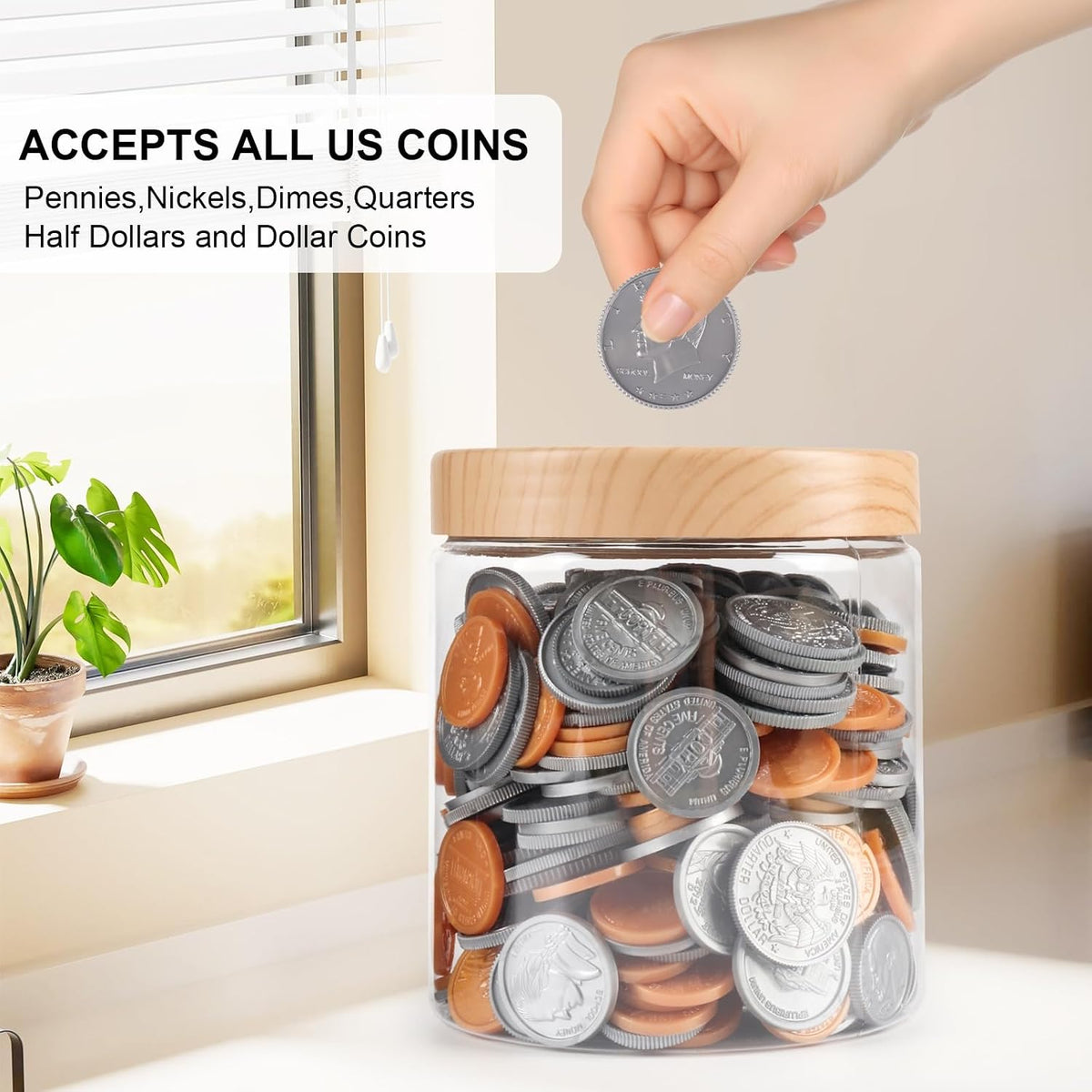 Small Coin Bank Jars 4-Pack, 16oz Clear Plastic Coin Money Tip Coin Jars with Slotted Lids, Small Transparent Plastic Coin Money Piggy Banks Jars for Adults Teens Girls Boys