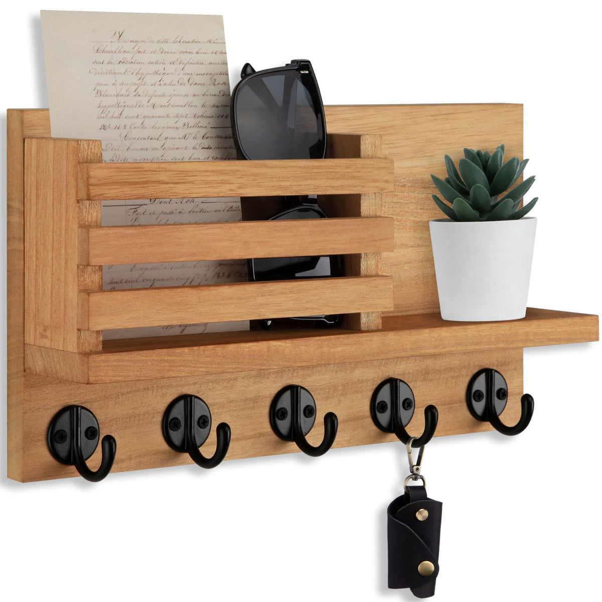 Lwenki Key Holder for Wall – Decorative Wooden Mail Holder and Key Shelf with Mounting Hardware, Installation Guide – Paulownia Wood with Metal Key Hooks (Brown, Large - 11.8inch)