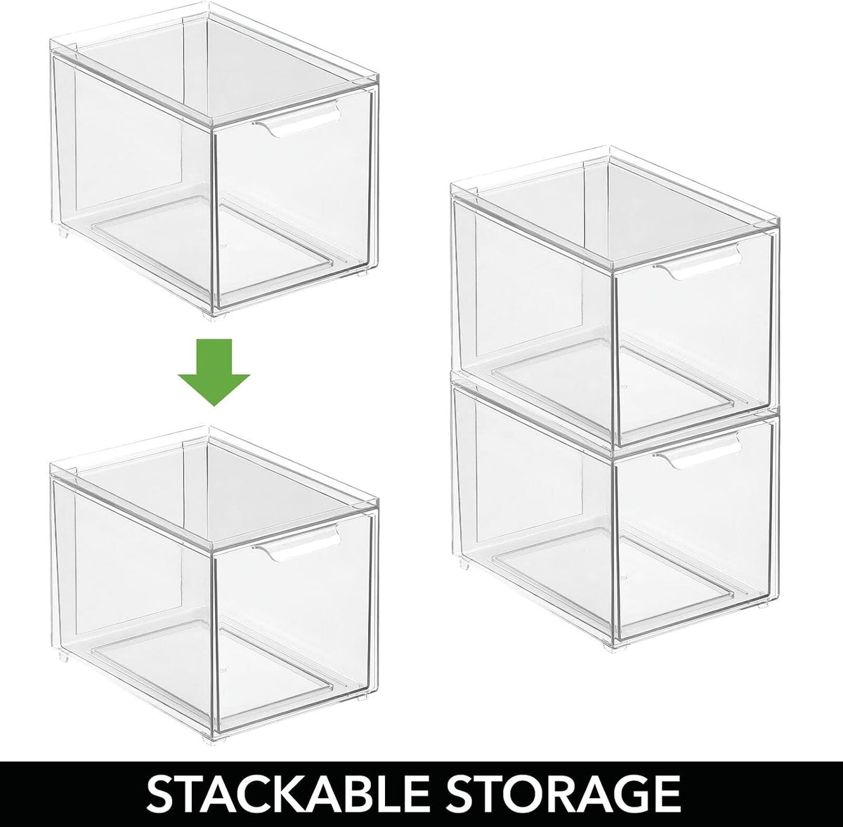 mDesign Shoe Storage Box with Drawer – Sturdy Plastic Storage Box for Shoes – Stackable Drawer Box for Shoes, Accessories and More – Pack of 4 – Clear