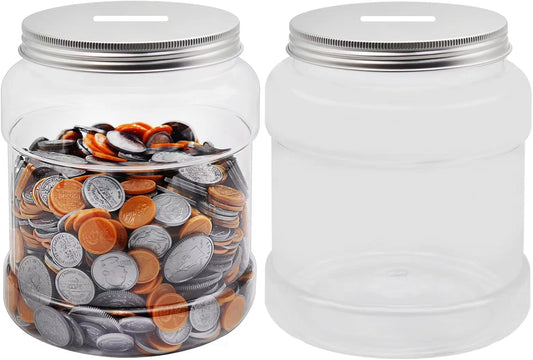 Yamahiko 2 Pack Large Clear Coin Bank Jar with Slotted Lid, Big Plastic Money Tip Change Savings Coin Jar for Coins or Raffle Ticket, Clear Money Coin Tip Piggy Change Bank Box for Adults Teens Kids