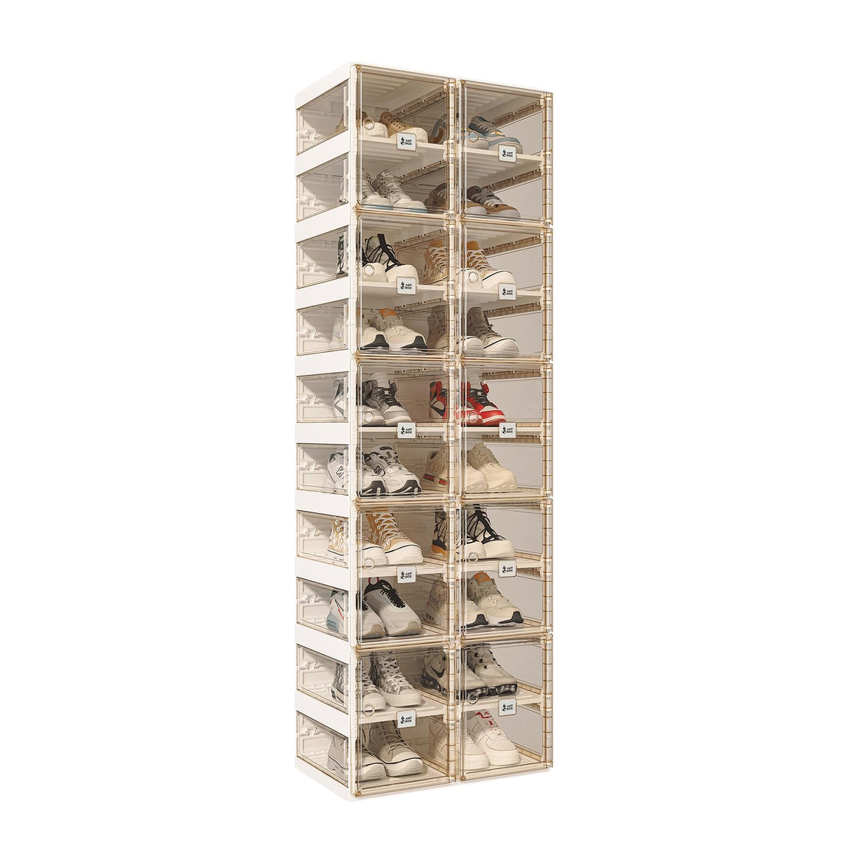 ANTBOX Foldable Shoe Rack,Shoe Organizers for Closet Plastic Shoe Storage Box Space Saving for Entryway, Large Sturdy Stackable Sneaker Cabinet Bins with Magnetic Clear Door 8 Tiers 16 Pairs