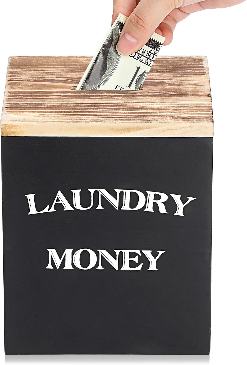 Wooden Piggy Bank for Laundry Room, Rustic Coin Jar with Money Slot