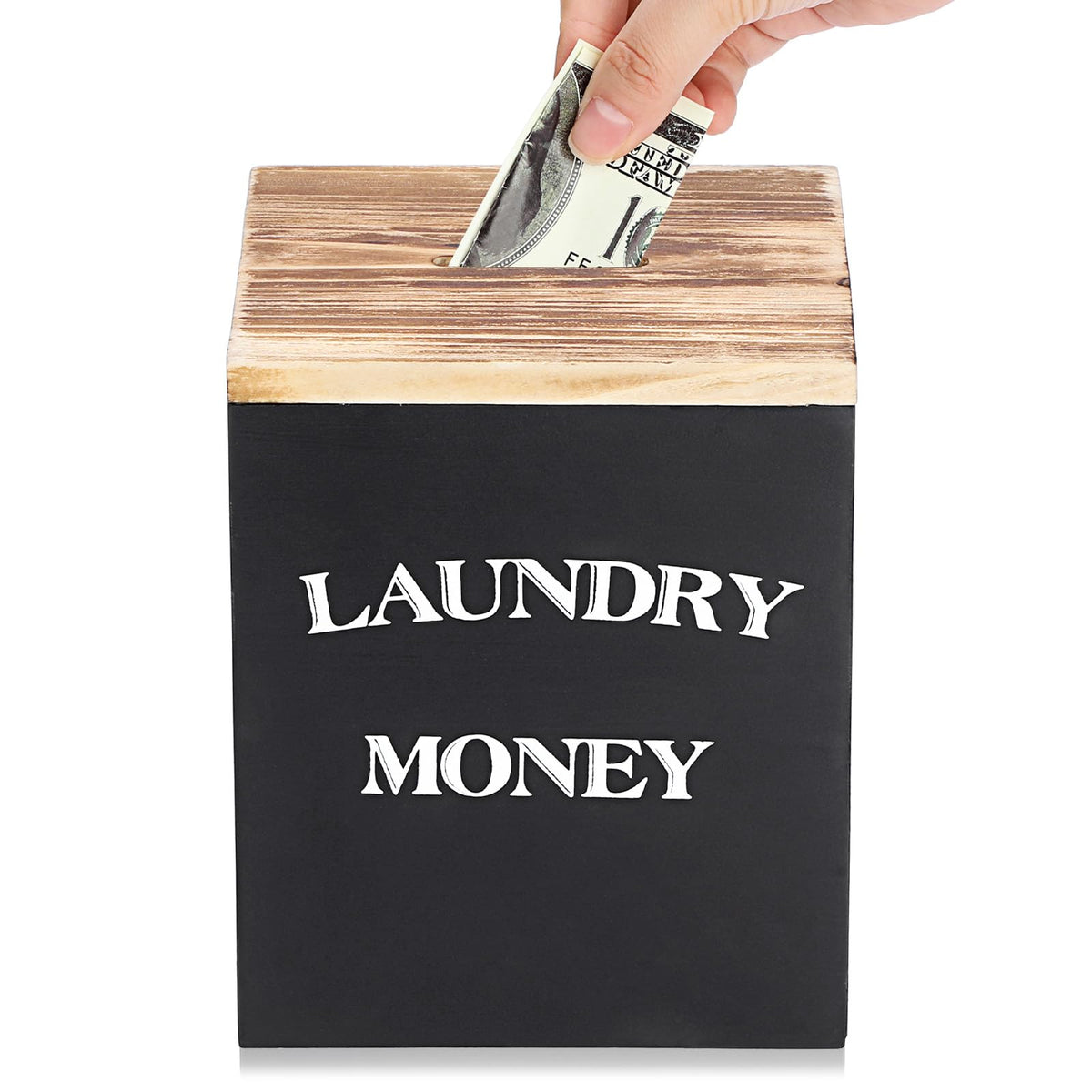 Wooden Piggy Bank for Laundry Room, Rustic Coin Jar with Money Slot