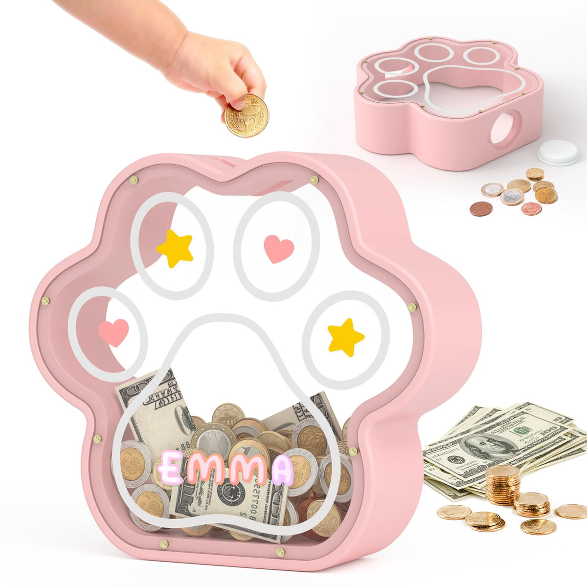 KMC Wooden Piggy Bank for Kids, Natural Cat Dog Paw Coin Bank with Stickers