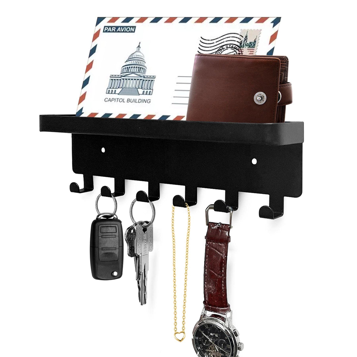 GTK Key Holder for Wall Key Hooks with Tray and 6 Hooks, Wall Mounted Key Holder for Hallway, Key Rack with Shelf for Mail Storage (Black)
