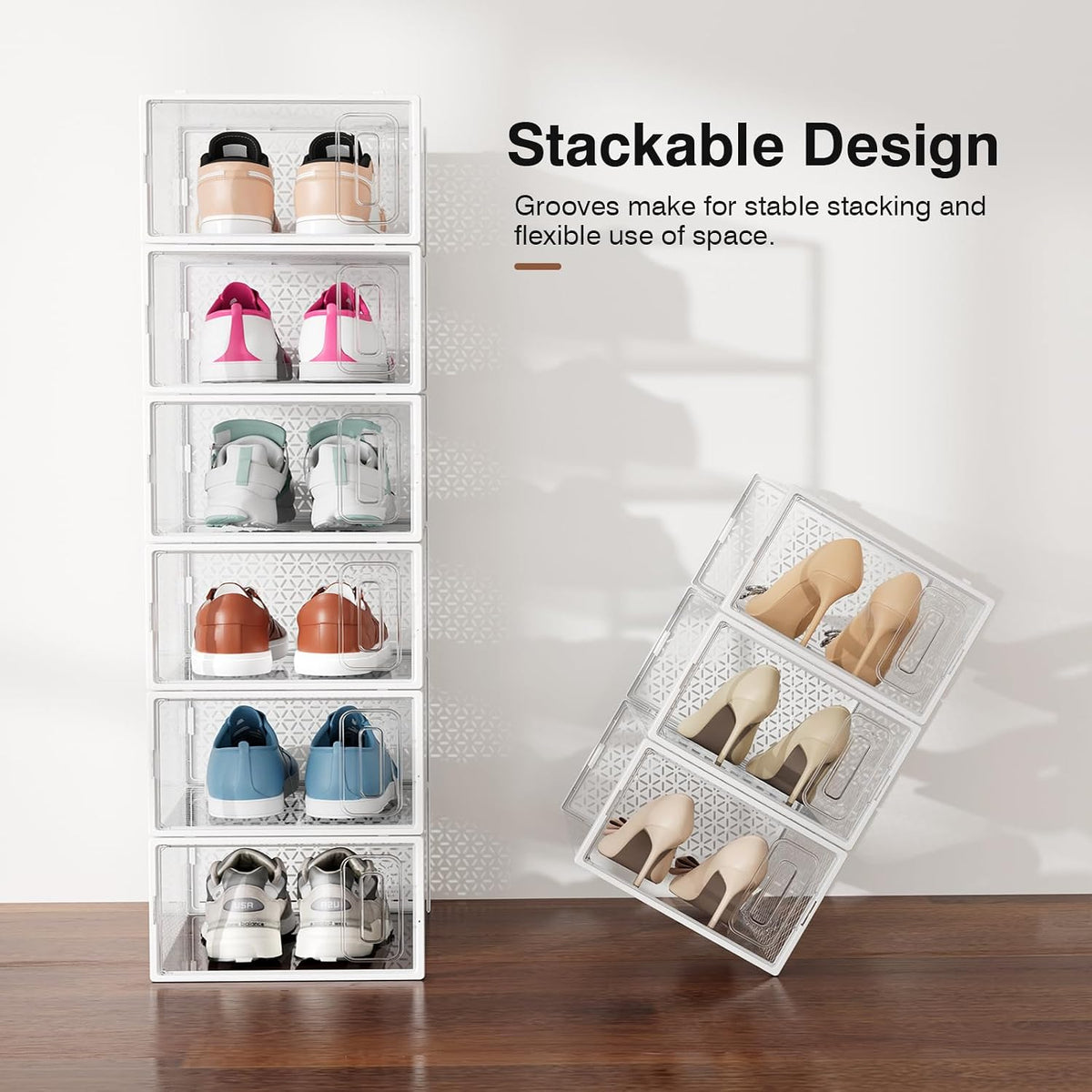 Shoe Boxes, 12 Pack Clear Plastic Stackable Shoe Storage Boxes Fit US Size 10, Ventilated Dust-Proof Sneaker Containers, Shoe Organizer for Closet, Entryway, 13.1 x 9 x 5.5 Inches, White