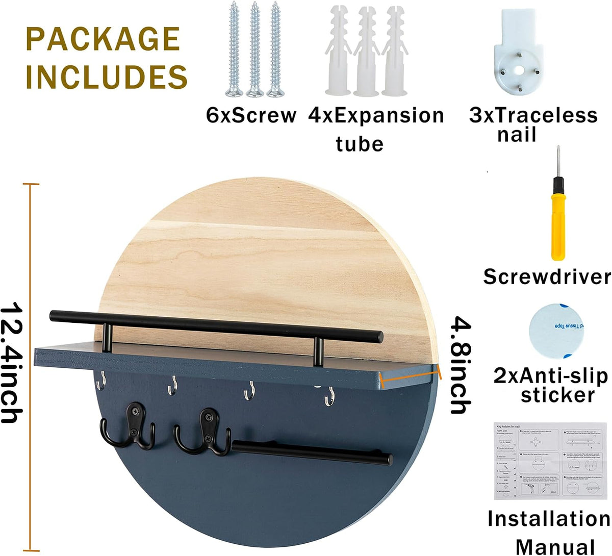 Key Holder Wall Mount with Shelf and Hooks, Mail Organizer for Wall
