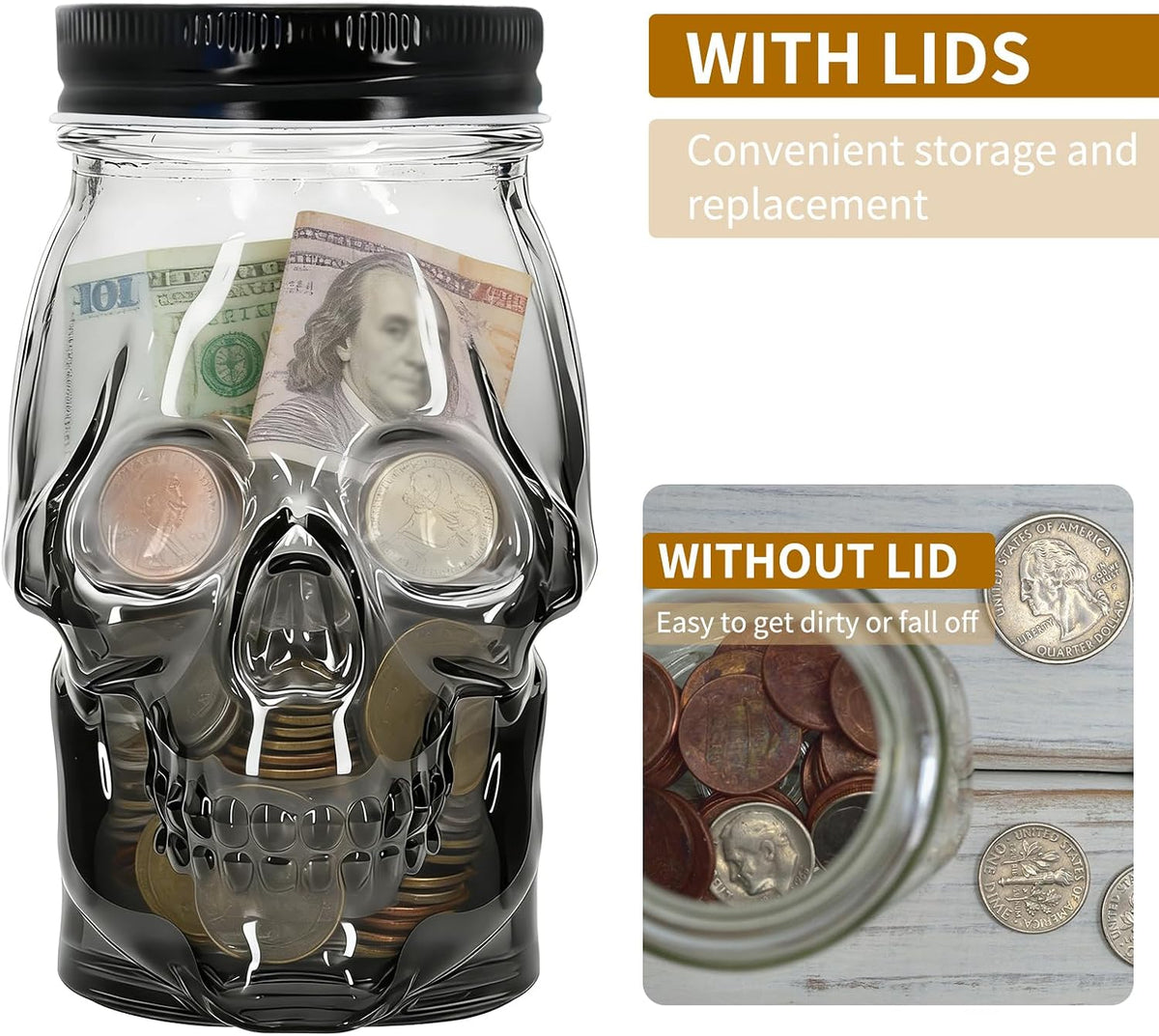 1Pack 16 OZ Skull Glass Coin Bank with Metal Lid, Clear Glass Skull Money Jar with Coin Slot, Decorative Savings Jar, Halloween & Home Décor (Black)