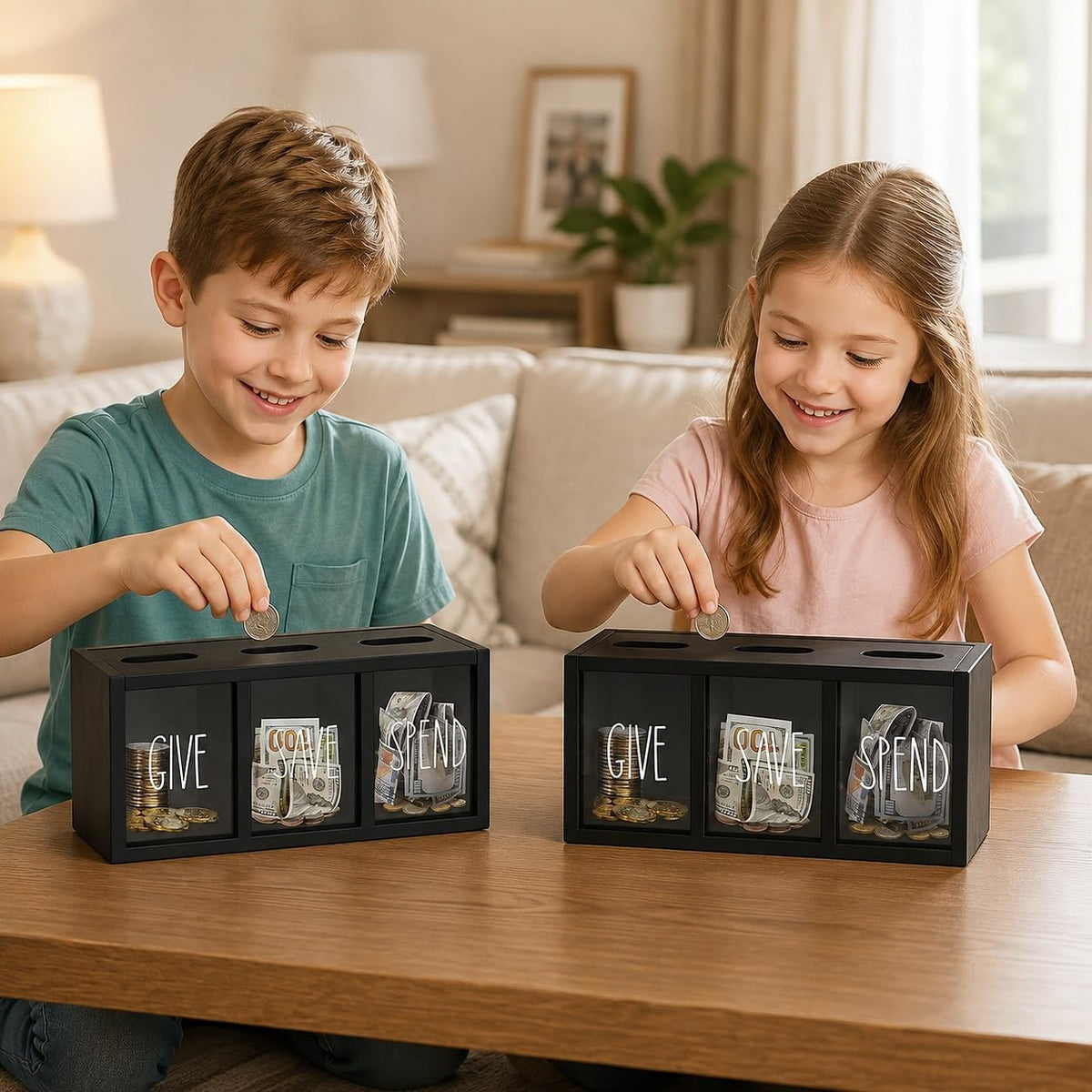 2 Pcs Piggy Bank for Kids Girls Boys, Wooden Give Save Spend Bank for Money Saving Box, Rustic Coin Banks for Adults, Change Coin Jar for Piggy Bank Toy, Early Ideas for Kids