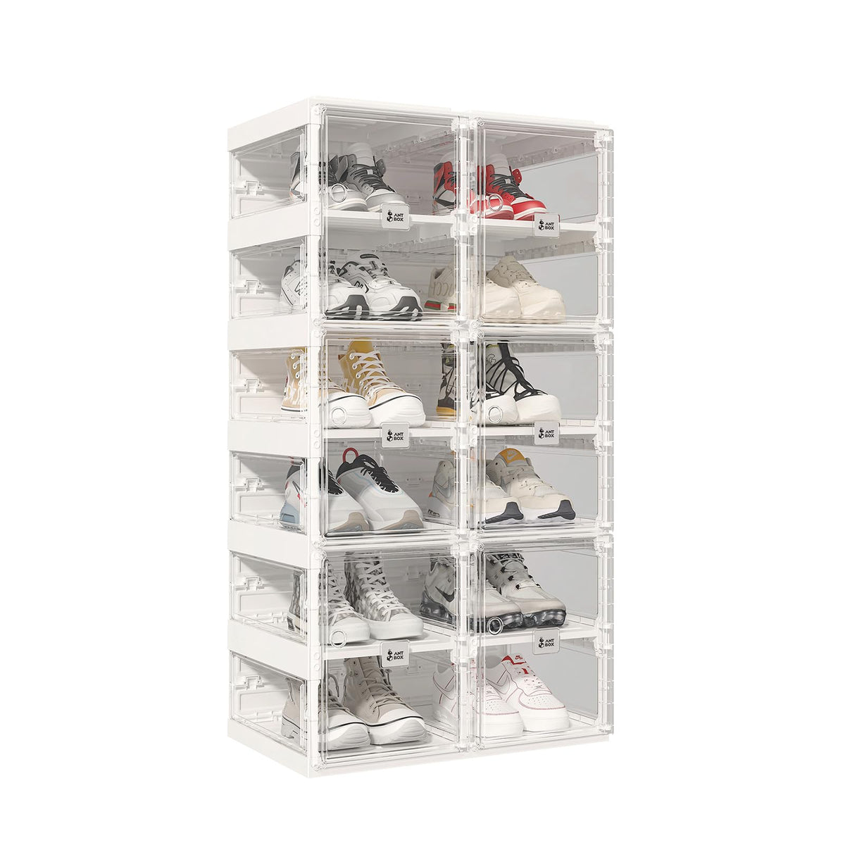 ANTBOX Foldable Shoe Rack,Shoe Organizers for Closet Plastic Shoe Storage Box Space Saving for Entryway, Large Sturdy Stackable Sneaker Cabinet Bins with Magnetic Clear Door 8 Tiers 16 Pairs