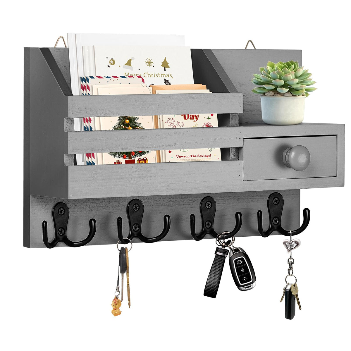 Key Holder Wall Mount, Wooden Key and Mail Organizer, Black