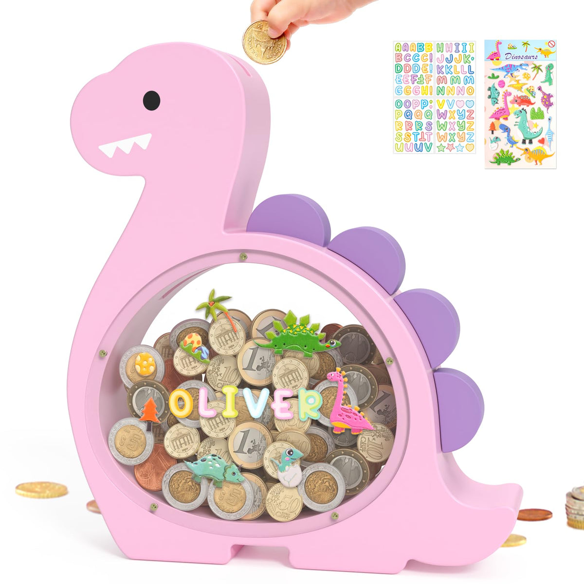 Summidate Wooden Dinosaur Piggy Bank, Large Clear Money Bank for Kids Boys