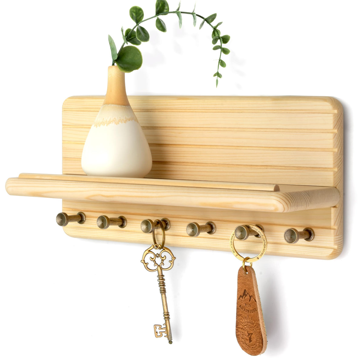 Rebee Vision Pine Wood Key Holder Wall Mount with Shelf for Entryway, Brown