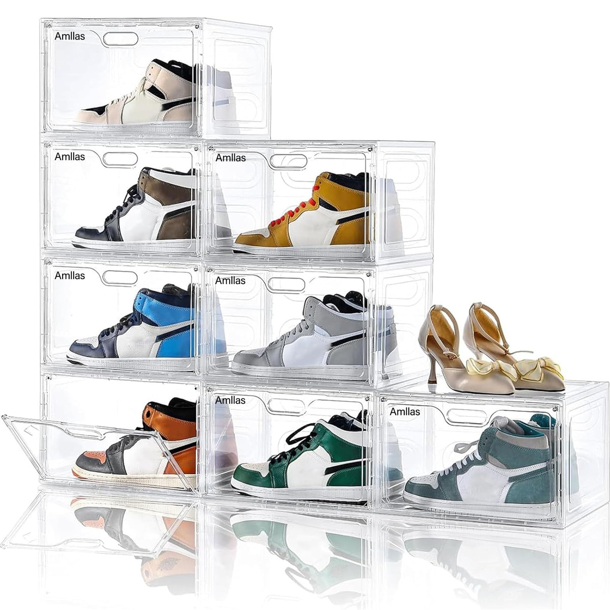 Amllas 8 Pack Shoe Boxes Clear Plastic Stackable, Large Shoe Storage Organizer with Lids,Drop Side Shoe Containers for Entryway,Sneaker Storage Fit up to US Size 13 (13’’x 10.6”x 8.3”)