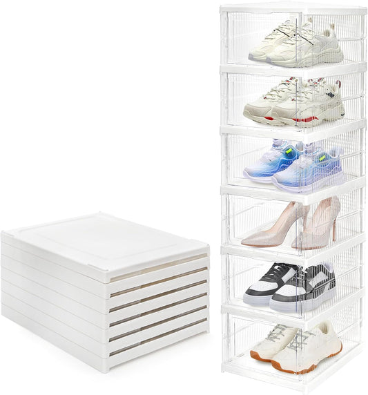 Hedume 6 Pack Clear Shoe Boxes Stackable, Drop Front Shoe Storage Box, No Assembly Plastic Shoe Organizer Storage Bin with Door, Free Standing Shoe Shelf Cabinet with Lid for Size 13, 13.6"x10"x7.9"